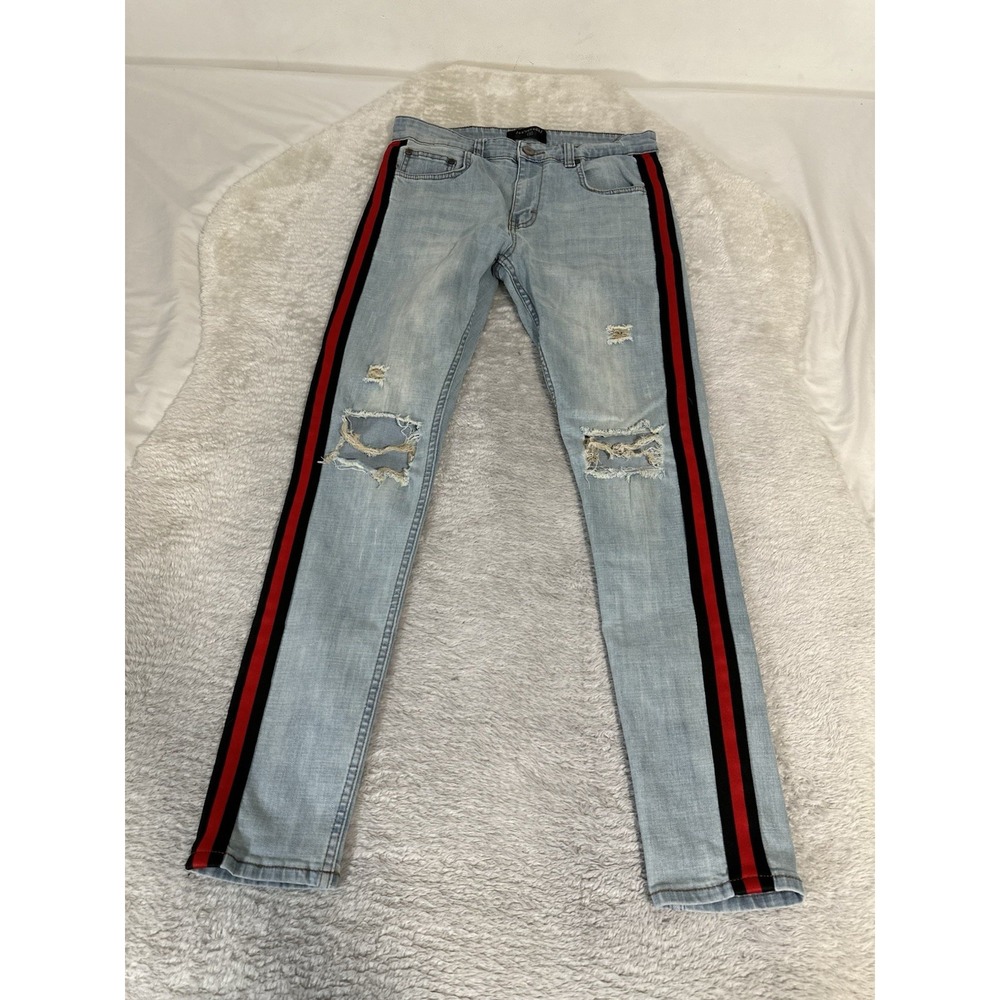 Serenede Jeans Men's 34x32 Blue‎ Denim Jeans Black Red Stripe Distressed